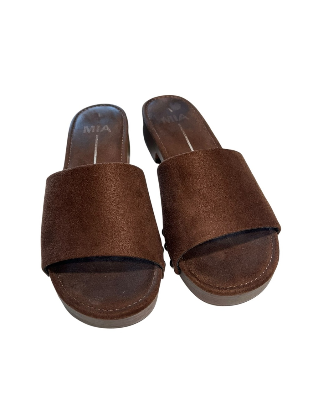 MIA Brown Faux Suede Sandals with Block Heel and Studded Detail - Size 7 - Picture 2 of 6